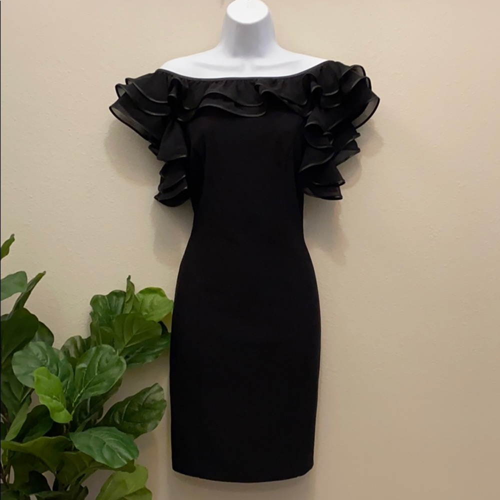 Black mini cocktail dress ruffle off shoulders